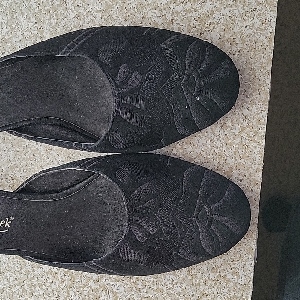 Black suede leather slip on heels